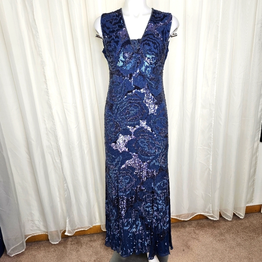 Vintage Jenny Packham Blue Sequin Beaded Evening Gown Small